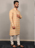 Lemon yellow men's soft silk kurta with detailed neckline embroidery