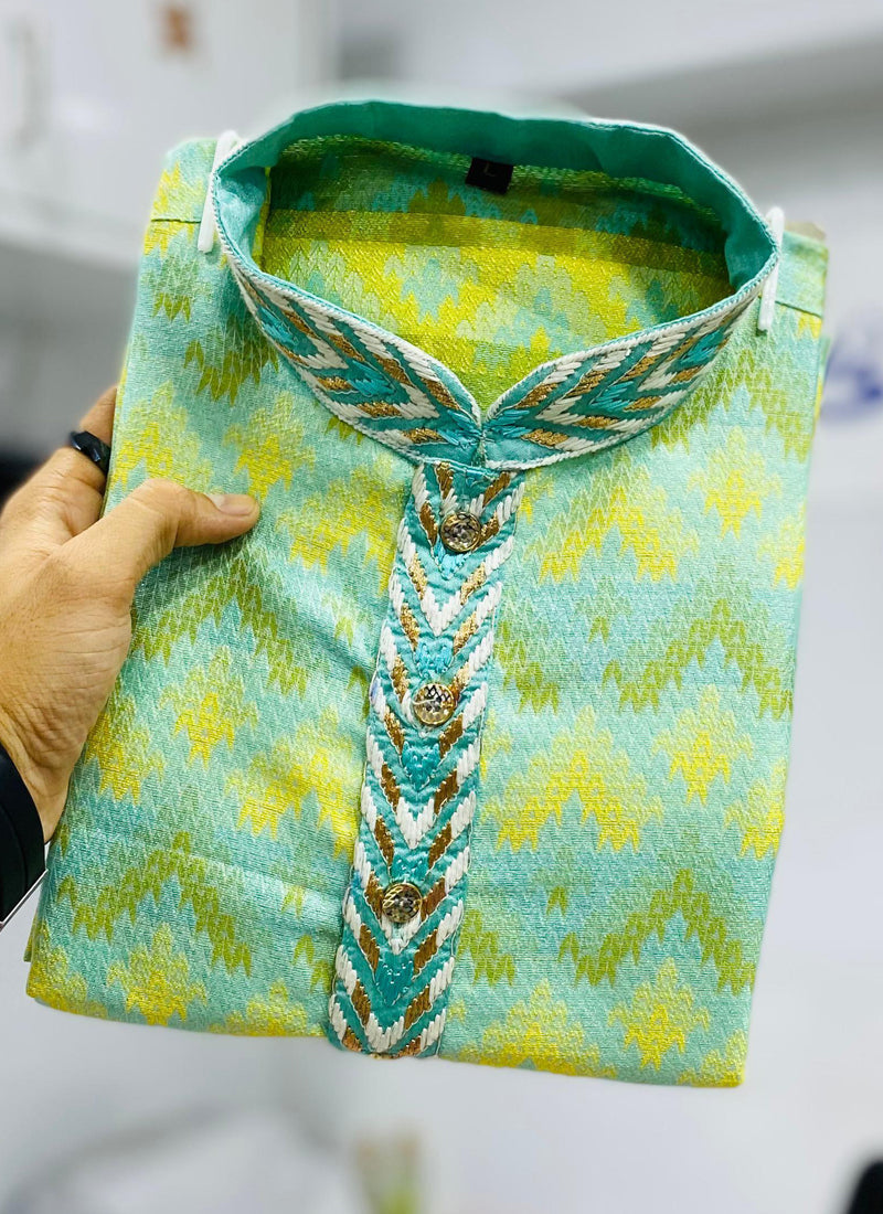 Light Green Soft Silk Kurta with Heavy Neck Embroidery Design