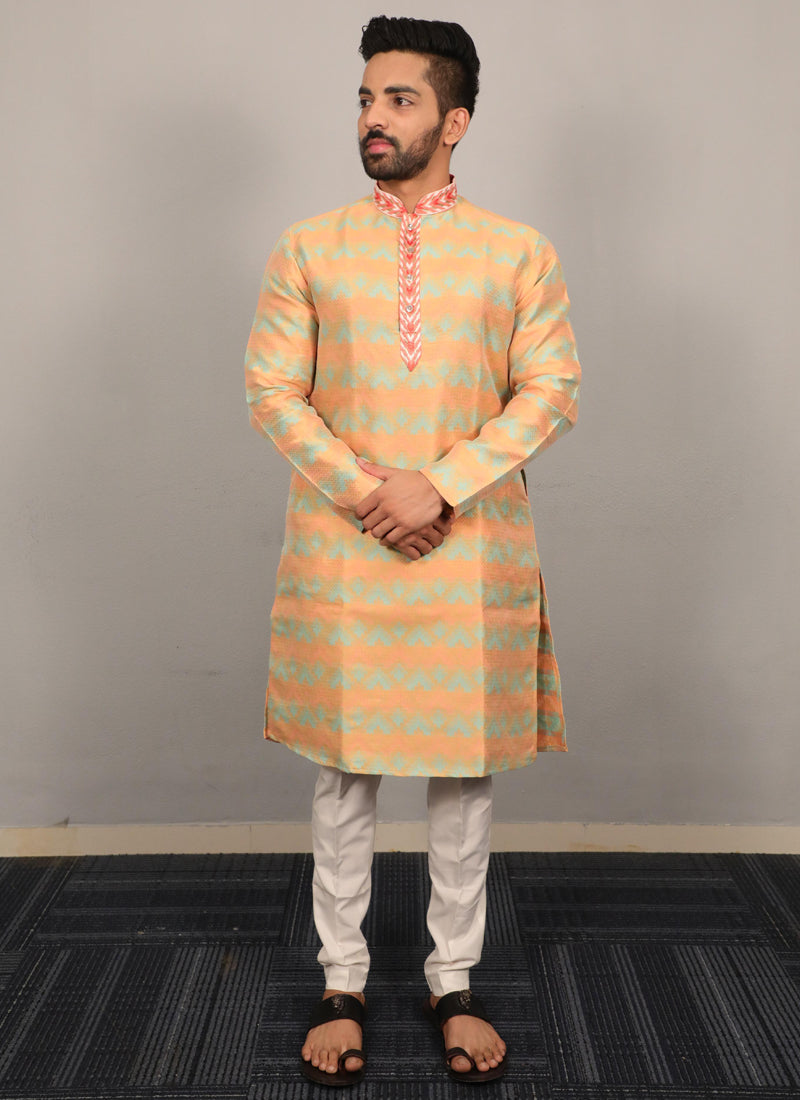 Yellow soft silk men's kurta with heavy neck design embroidery