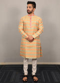 Yellow soft silk men's kurta with heavy neck design embroidery