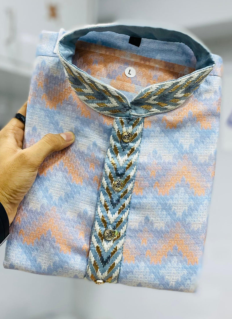 Sky Blue Soft Silk Kurta with Heavy Neck Design