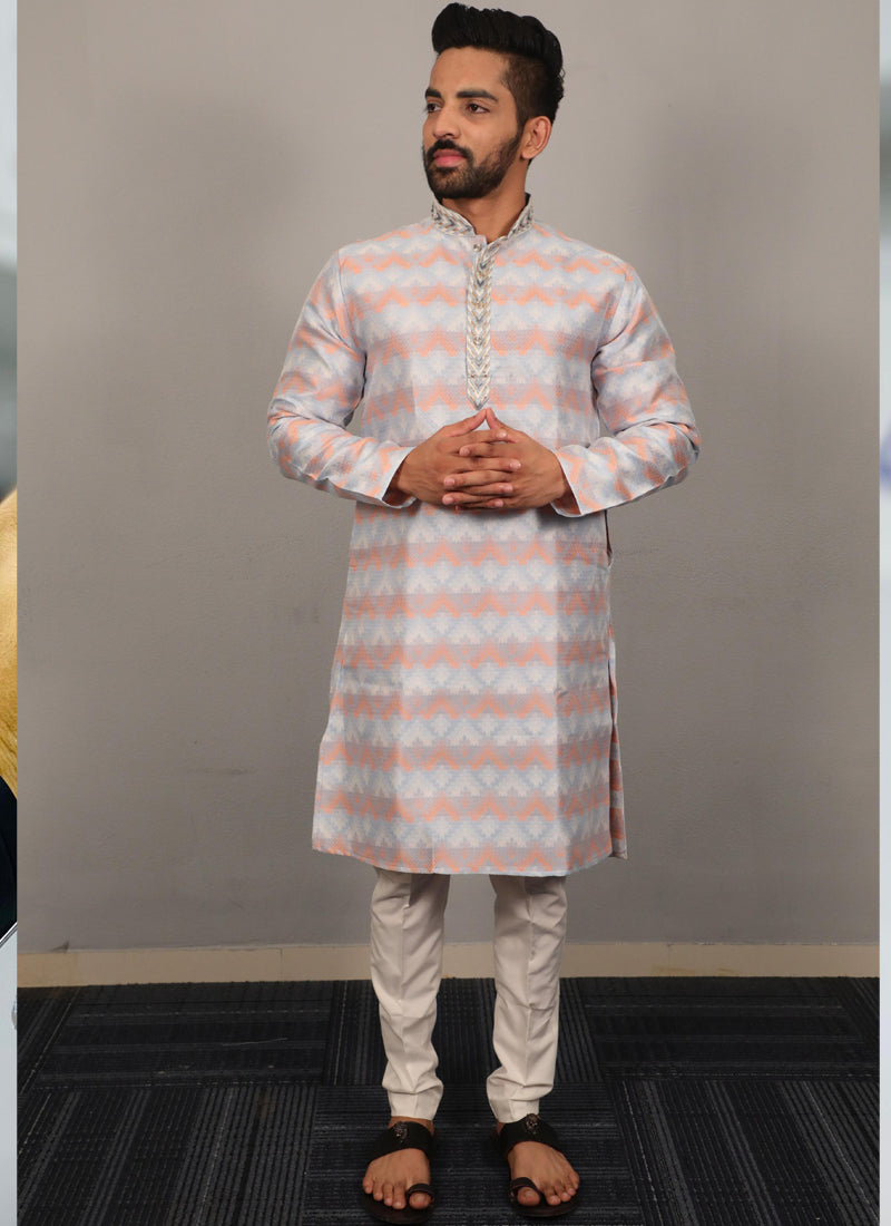 Sky Blue Soft Silk Kurta featuring heavy detailed embroidery on the neckline