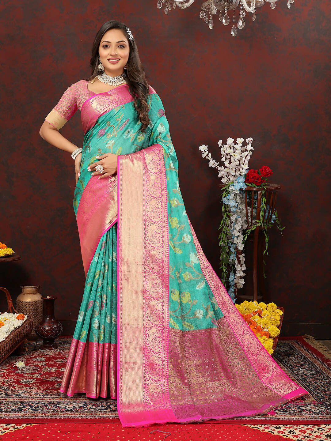 Teal Cotton Saree with Zari Meenakari Weaving and Silk Blouse