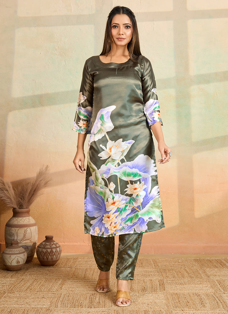 Olive green printed kurta and pants set made from cotton rayon fabric