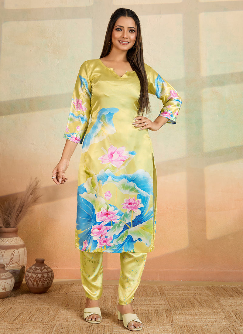Light yellow printed kurta pant set made from soft cotton rayon