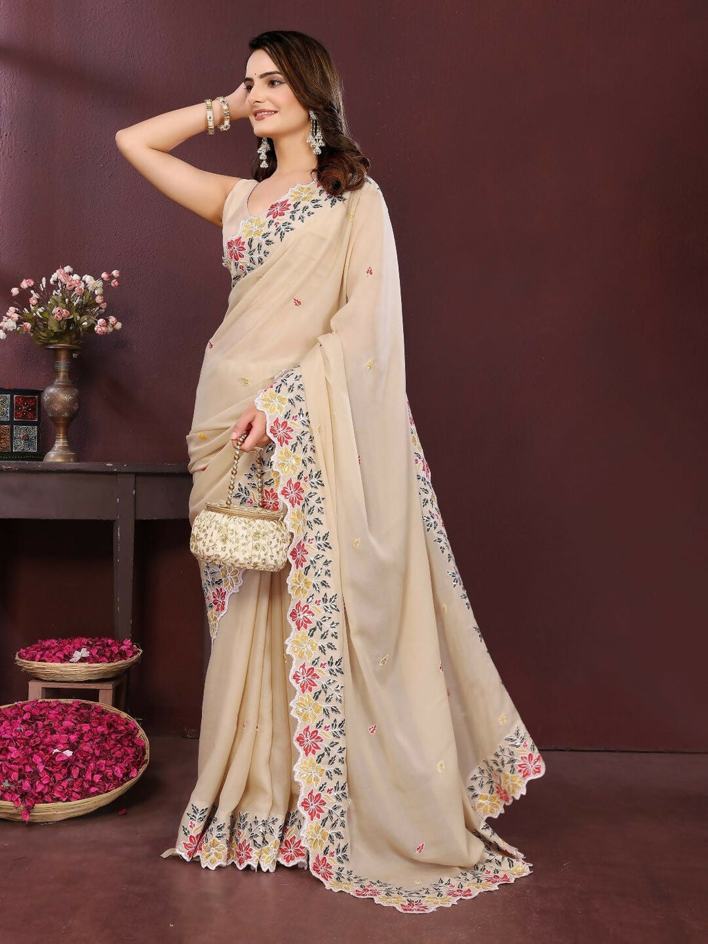 Peach Soft Star Georgette Saree with Elegant Embroidery