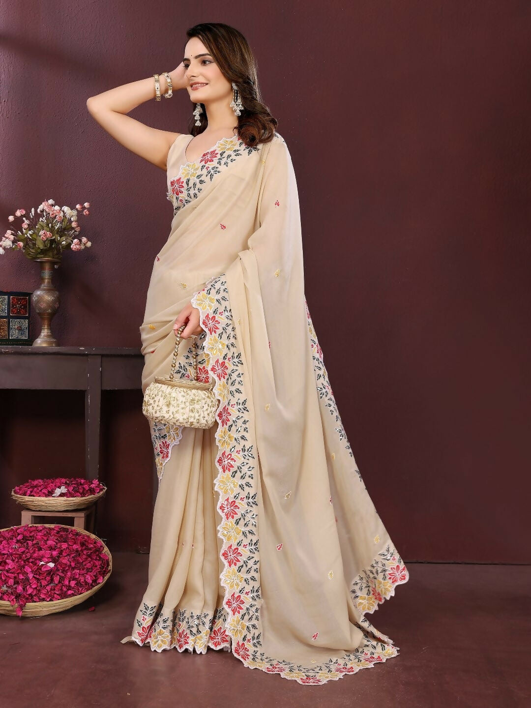 Peach Soft Star Georgette Saree with Elegant Embroidery