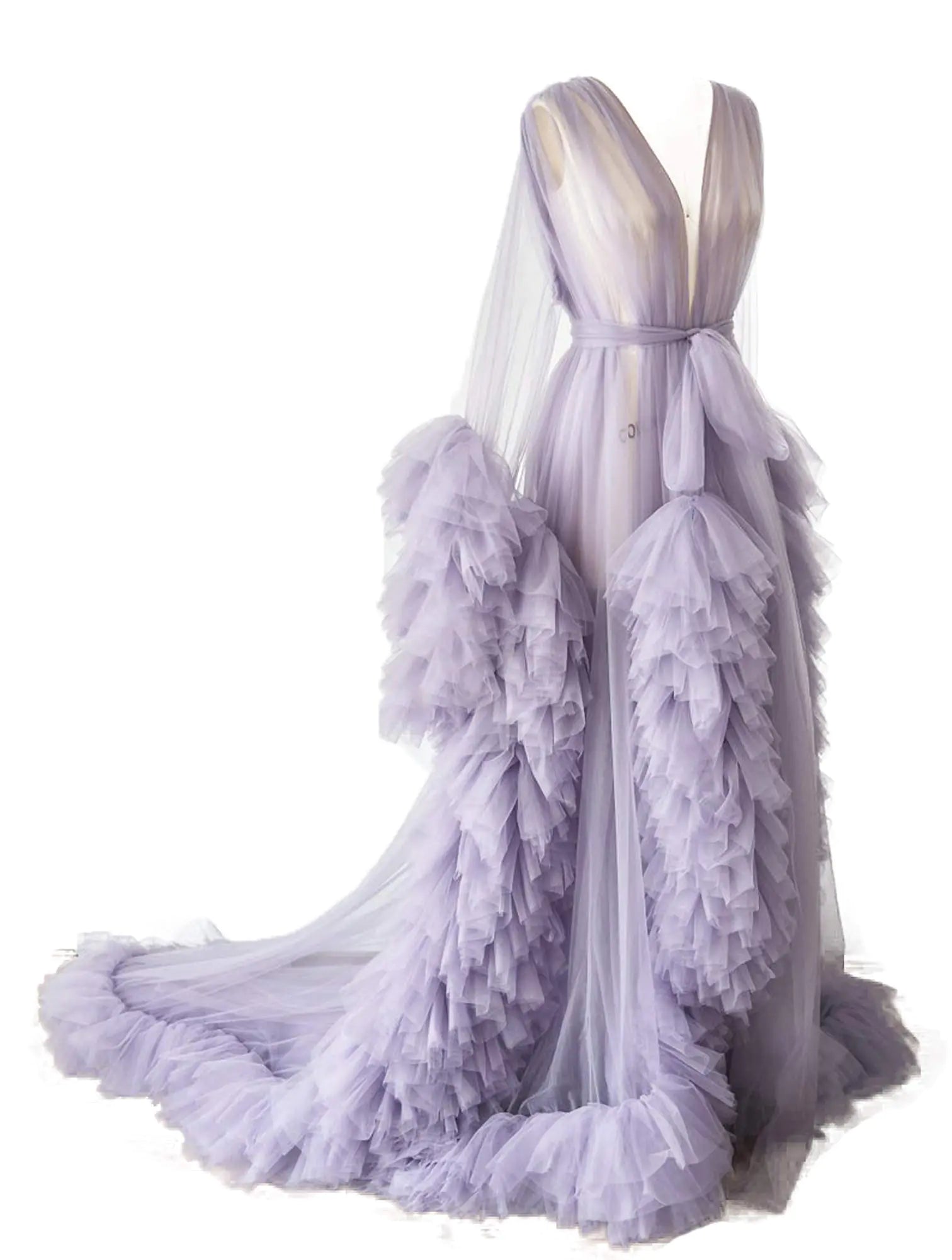 BATHGOWN Sexy Illusion Long Lingerie Tulle Robe Nightgown Bathrobe Sleepwear Bridal Robe Wedding Scarf