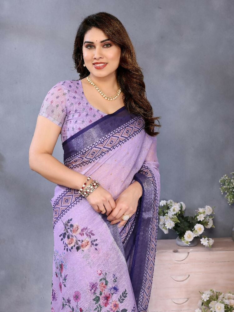 Purple Handloom Linen Cotton Saree with Matching Blouse Set