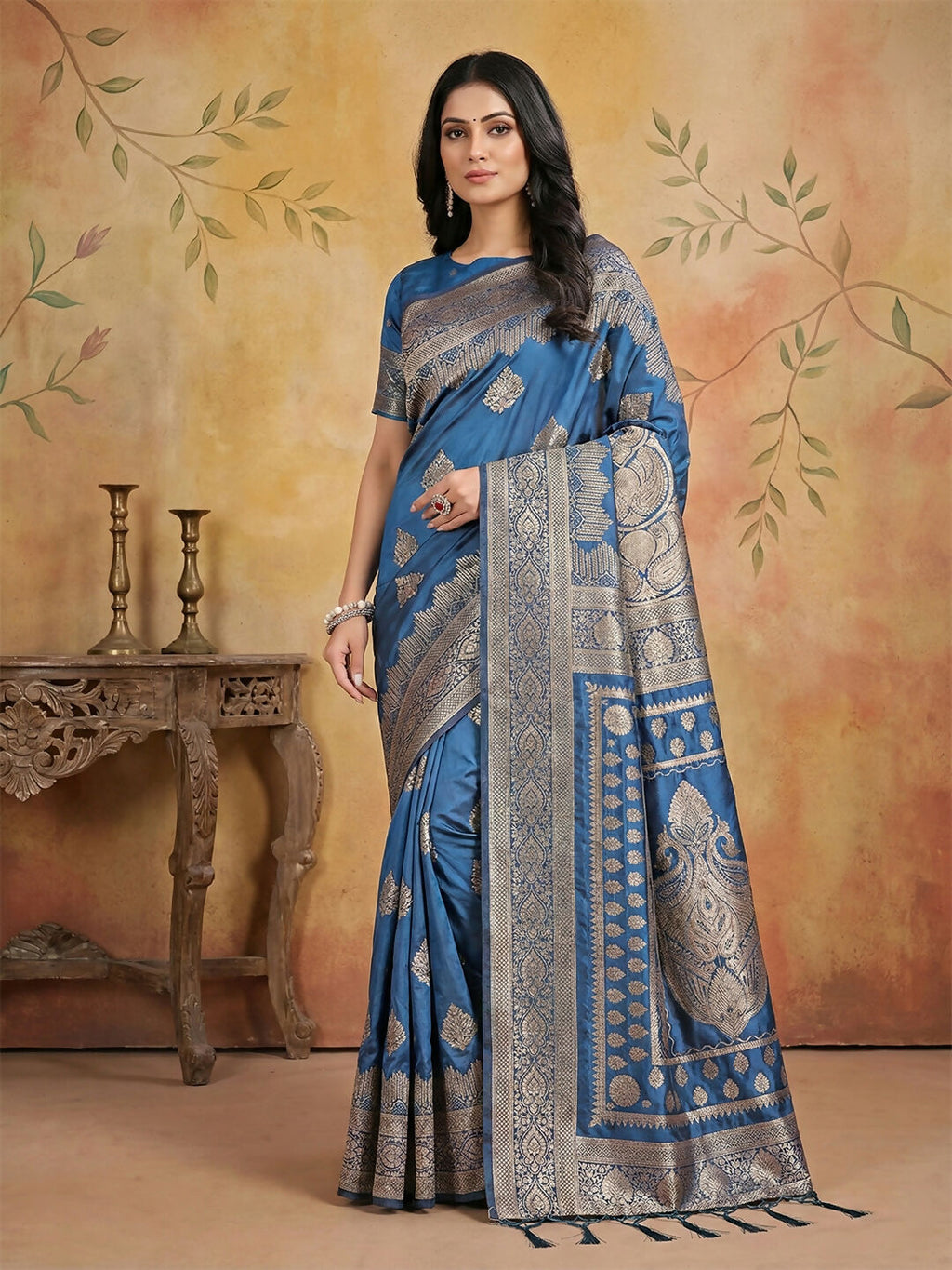 Sky blue silk blend saree with a soft luster and matching blouse