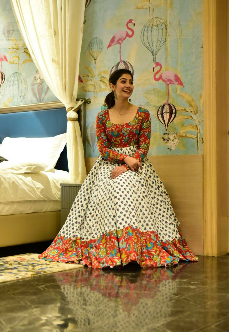 Off White Cotton Silk Anarkali with Heavy Digital Floral Print