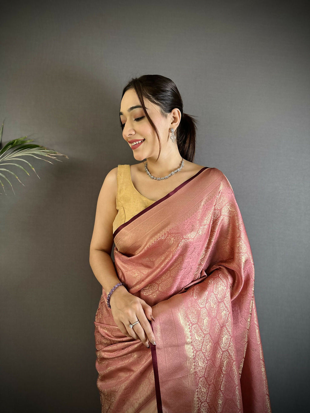 Rose Gold Paisley & Floral Soft Satin Silk Banarasi Saree