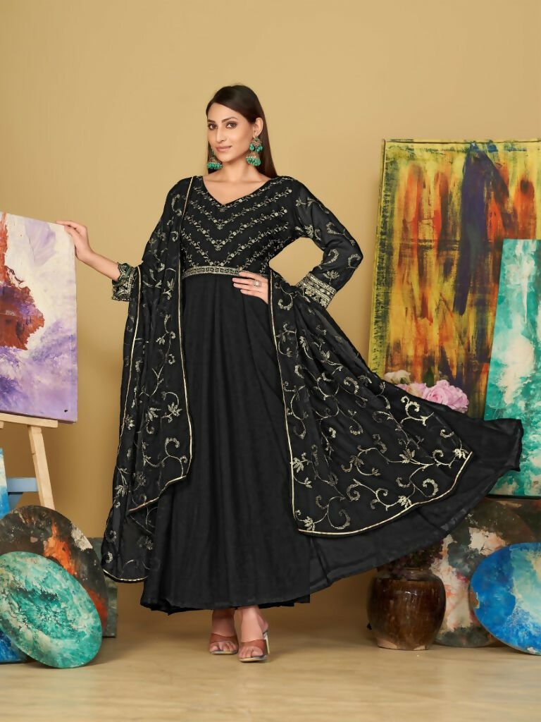 Black Georgette Embroidered Anarkali Kurta set with matching dupatta