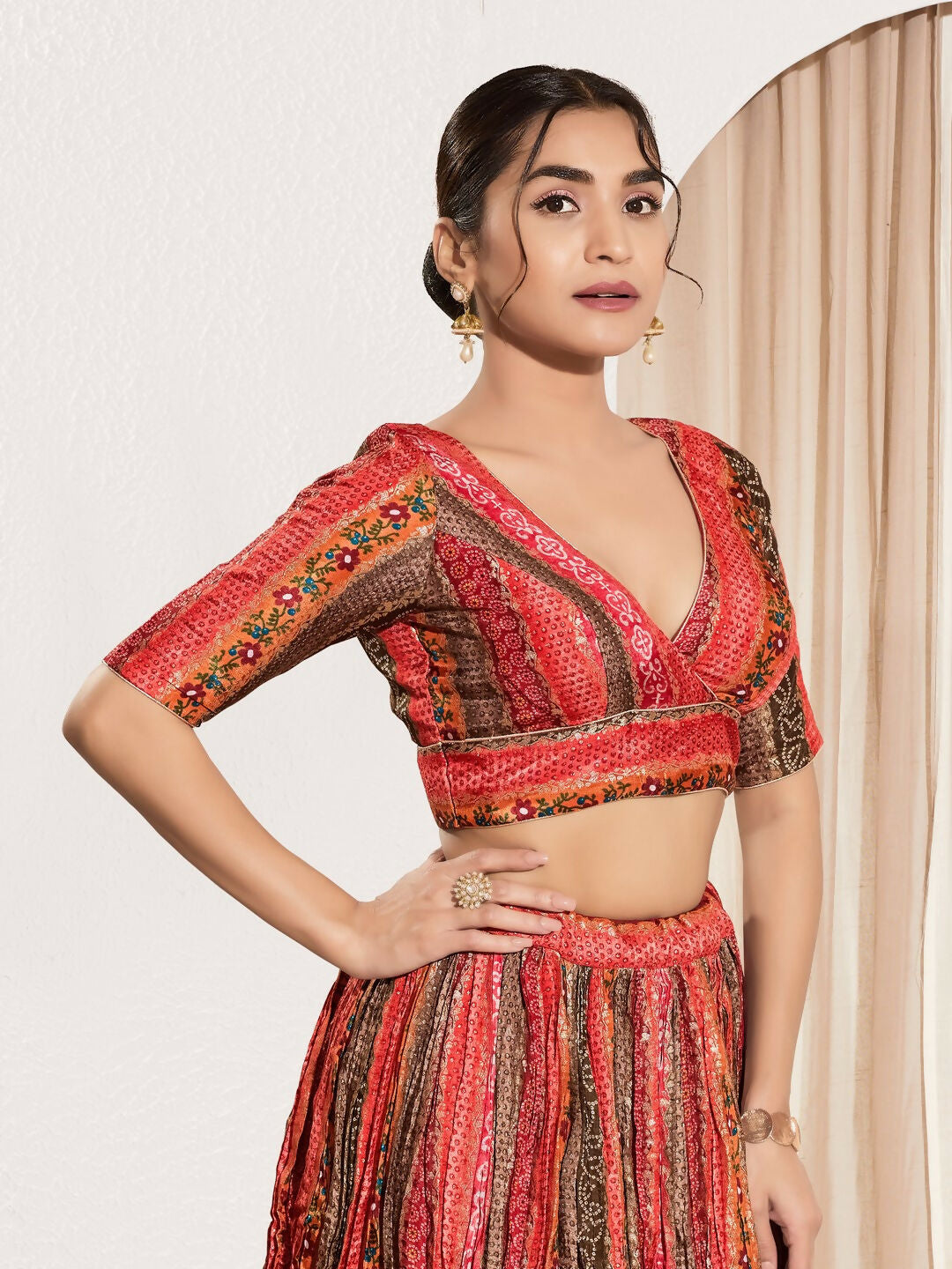 Joban Fashion Maroon Multi Brocade Padded Blouse With V Neck Elbow Sleeves