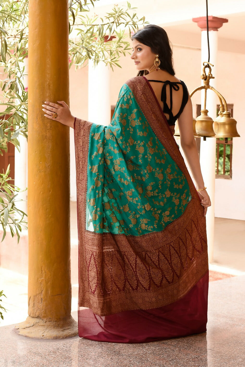 Teal Green Crepe Chiffon Handloom Banarasi Silk Saree