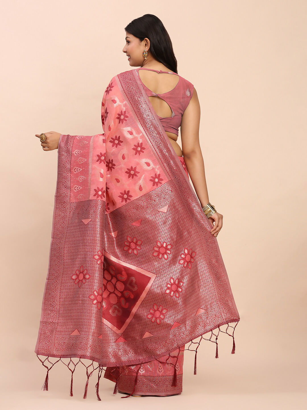 Peach Linen Cotton Saree with Matching Blouse Piece