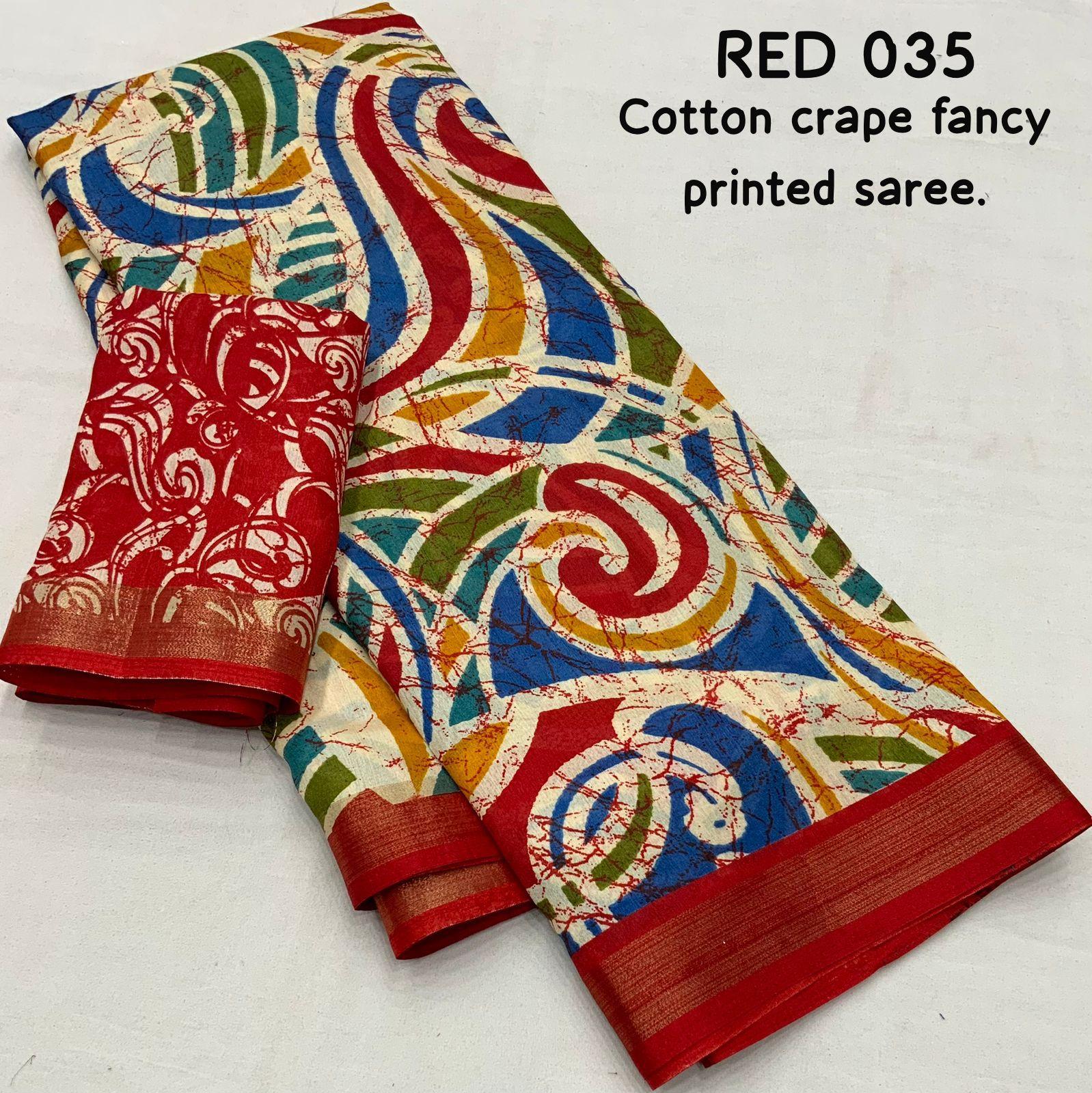 Red Cotton Crepe Batik Print Saree with Unstitched Blouse