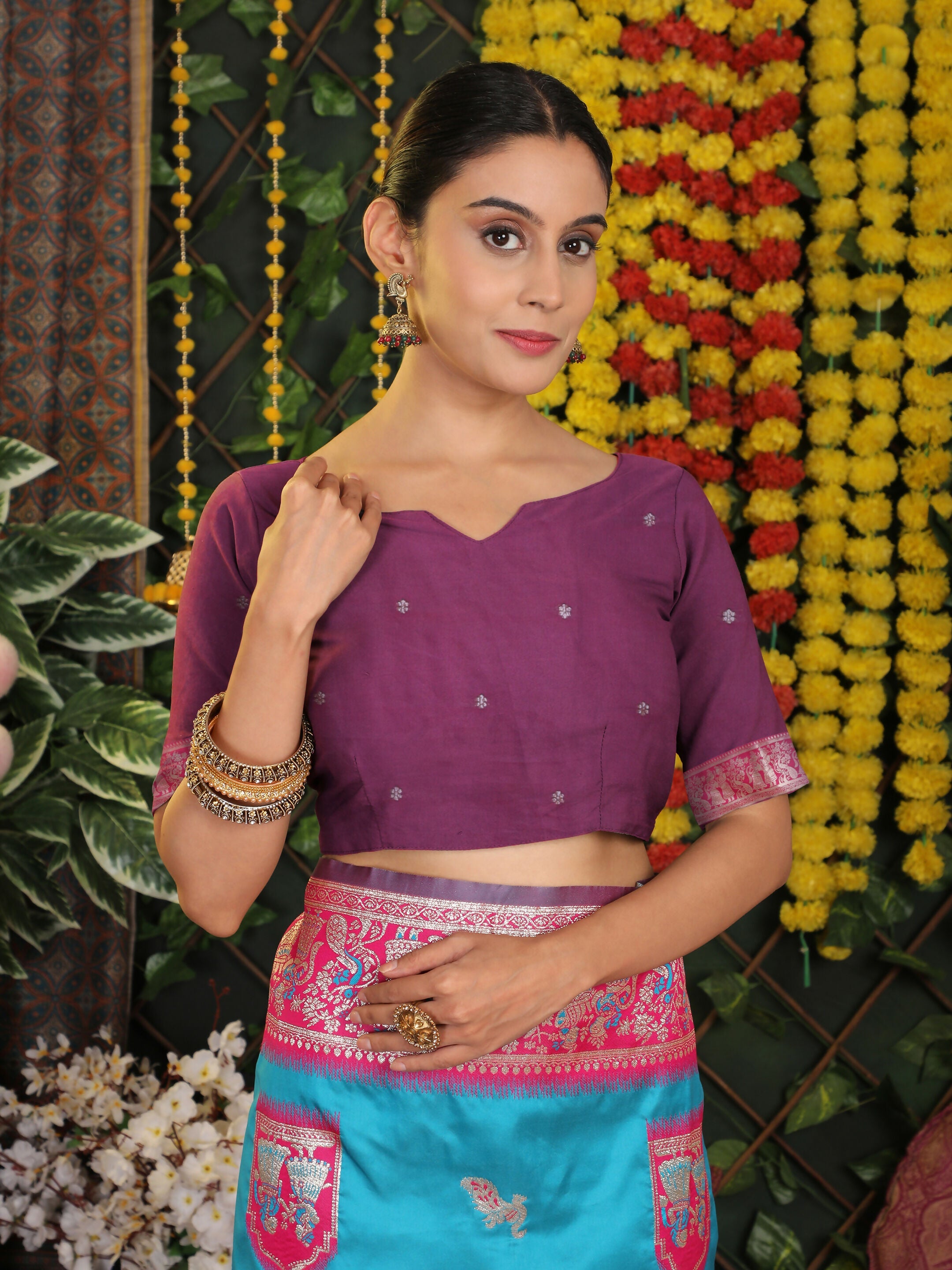 Sky Blue Silk Saree with Purple Blouse Piece