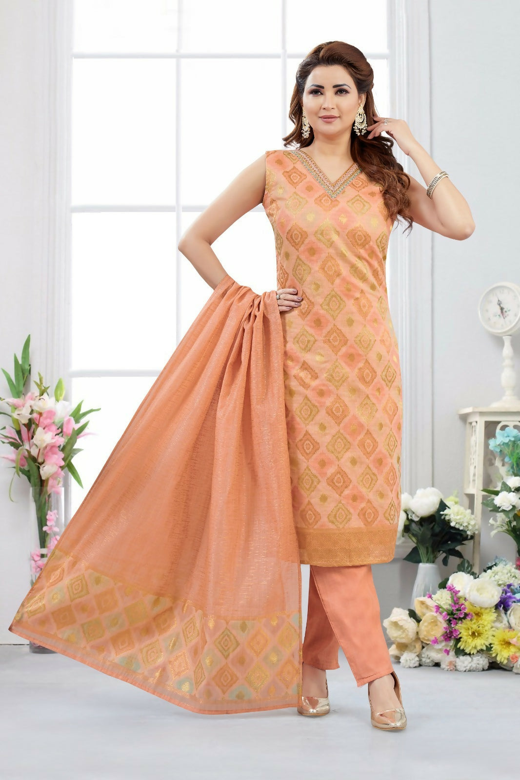 Elegant peach jacquard 3-piece kurta set