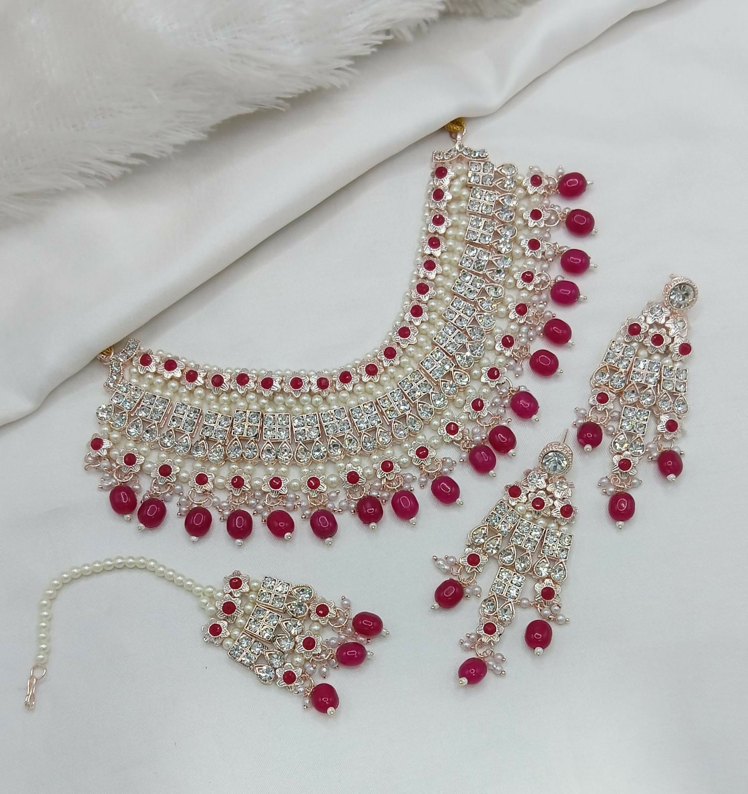 Ruby Stone and Pearl Work Necklace Set featuring intricate ethnic detailing