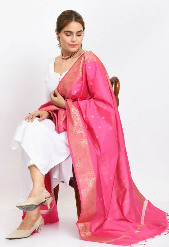 Women's Pink Banarsi Silk Woven Dupatta with Gold Accents
