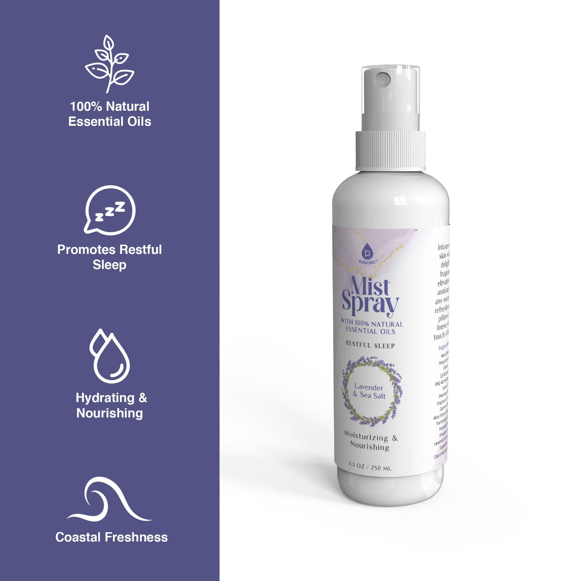 Pursonic Lavender & Sea Salt Aromatherapy Mist Spray Bundle – 3-Pack with 100% Natural Essential Oils