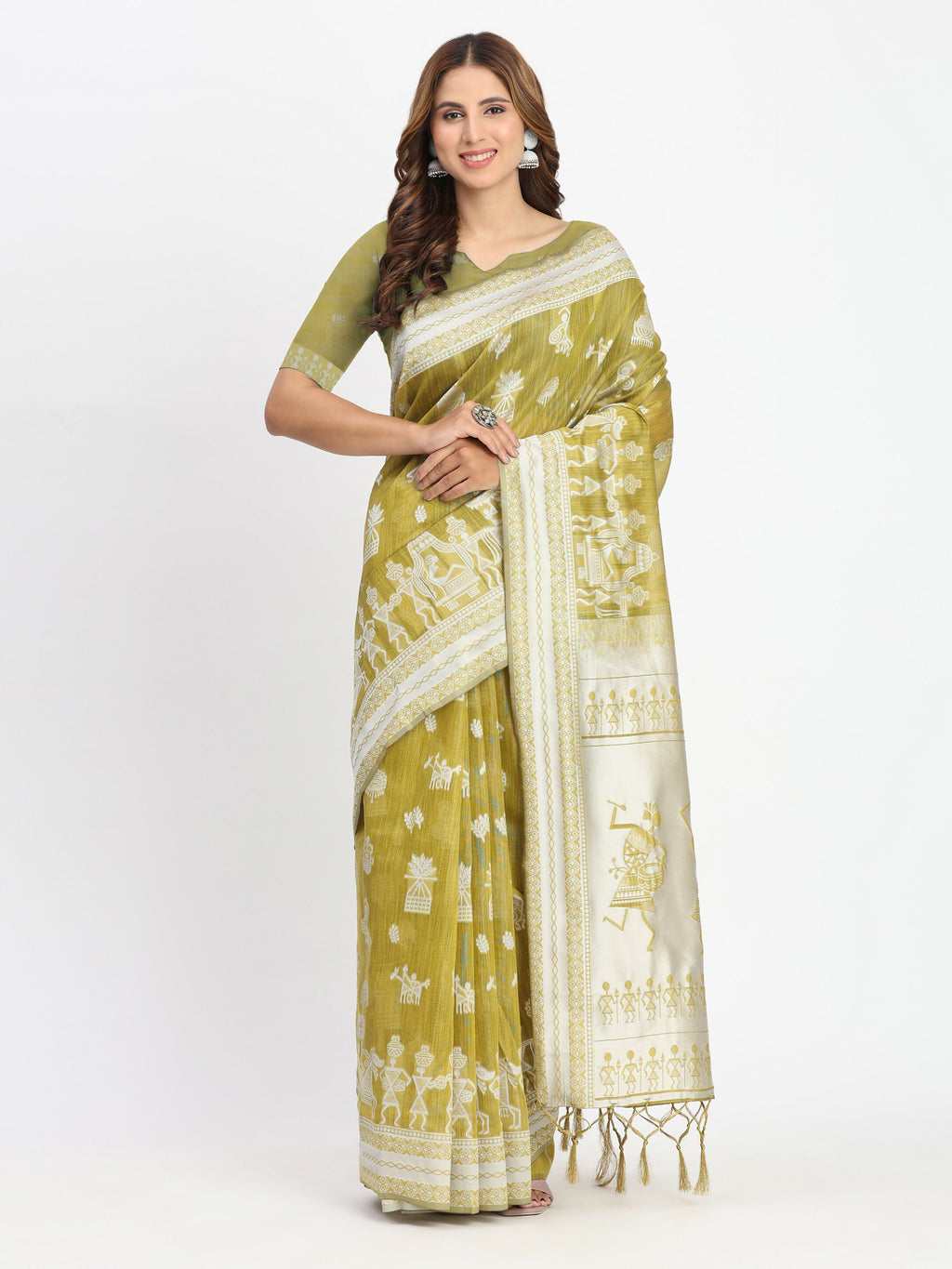 A elegant purple linen cotton saree with a matching purple blouse.