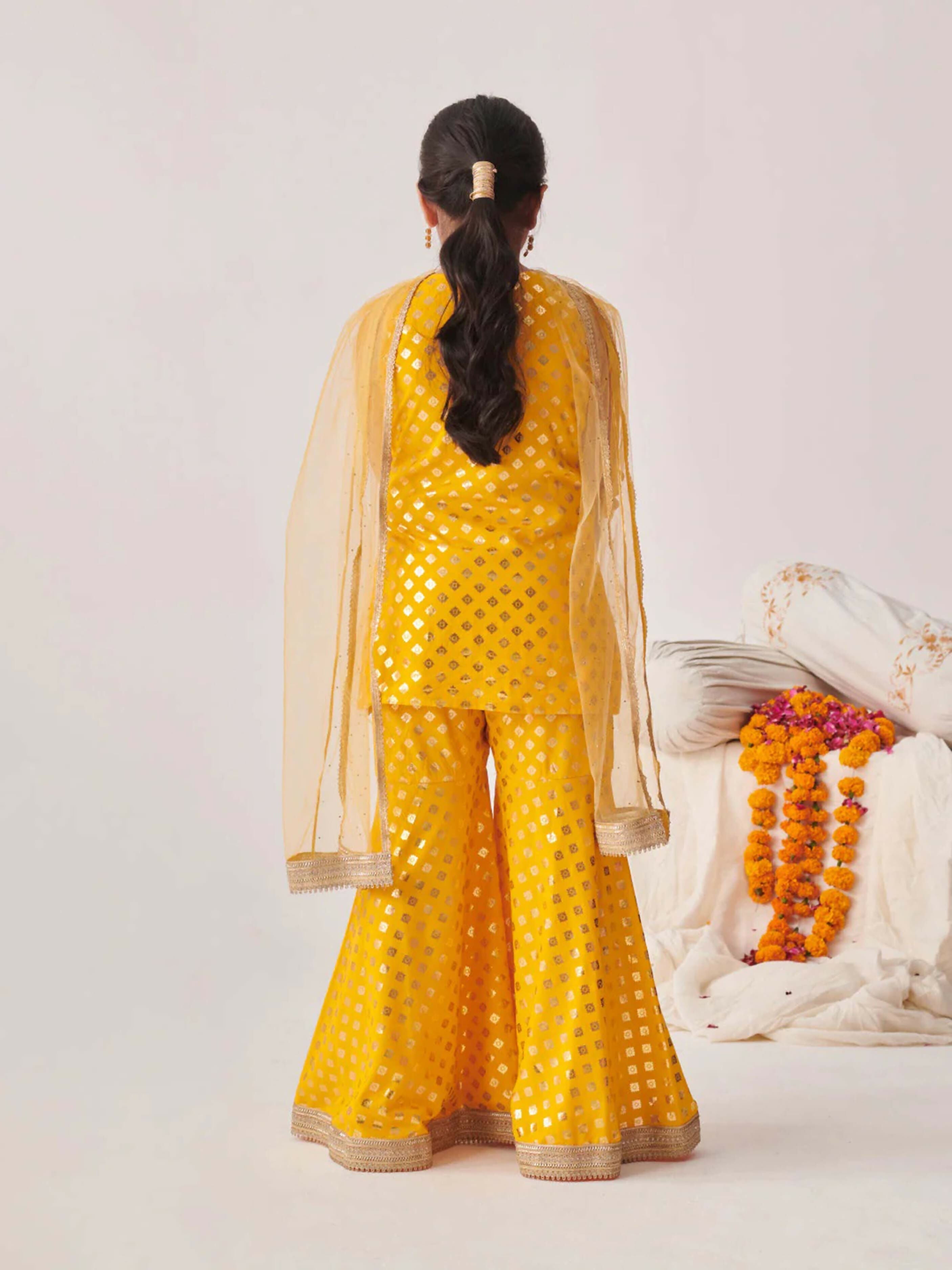 Girl's Yellow Cotton Blend Sharara Set with Art Silk Dupatta