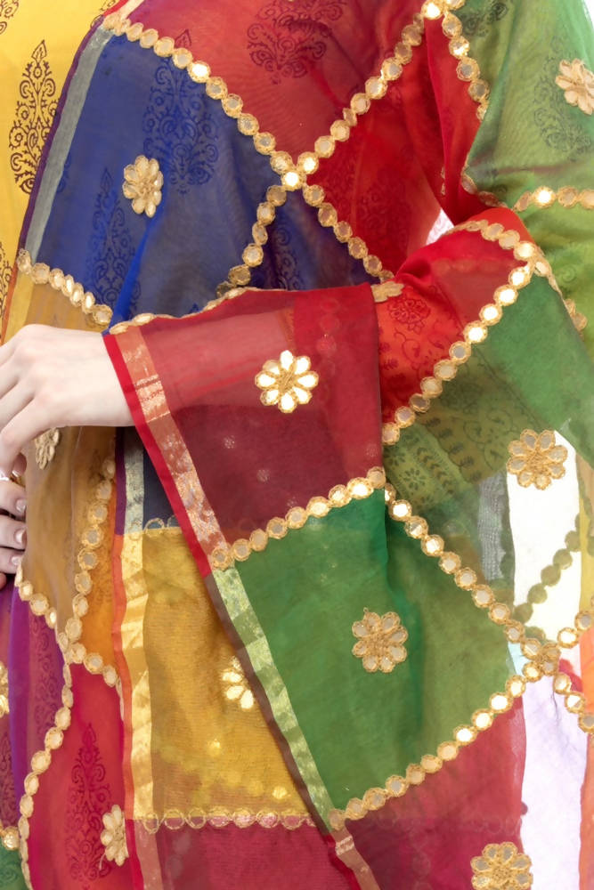 Multi Gota Box Dupatta in Chanderi Fabric with Traditional Work