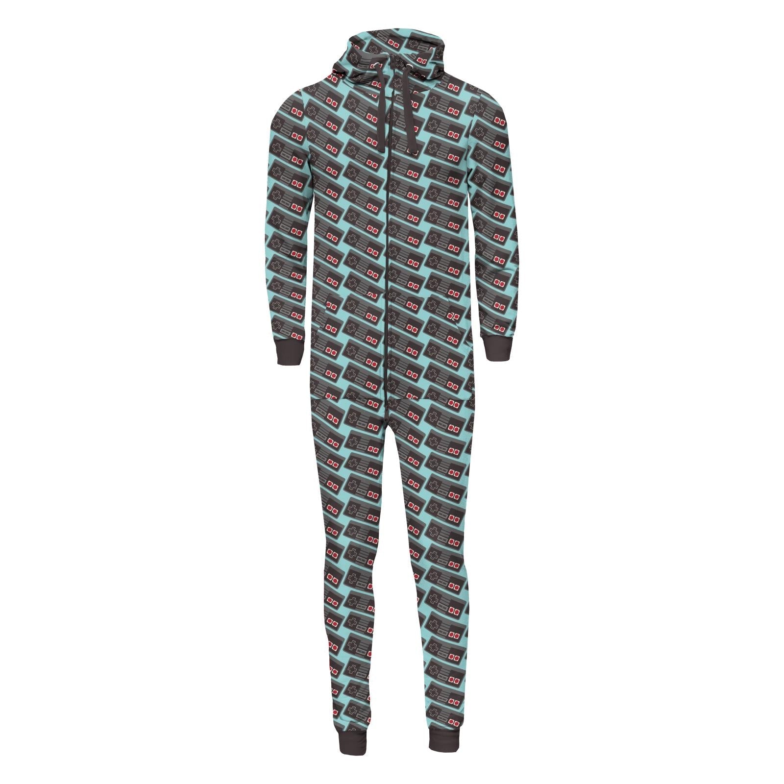 Print Adult Fleece Jumpsuit with Hood in Summer Sky Retro Game Controller