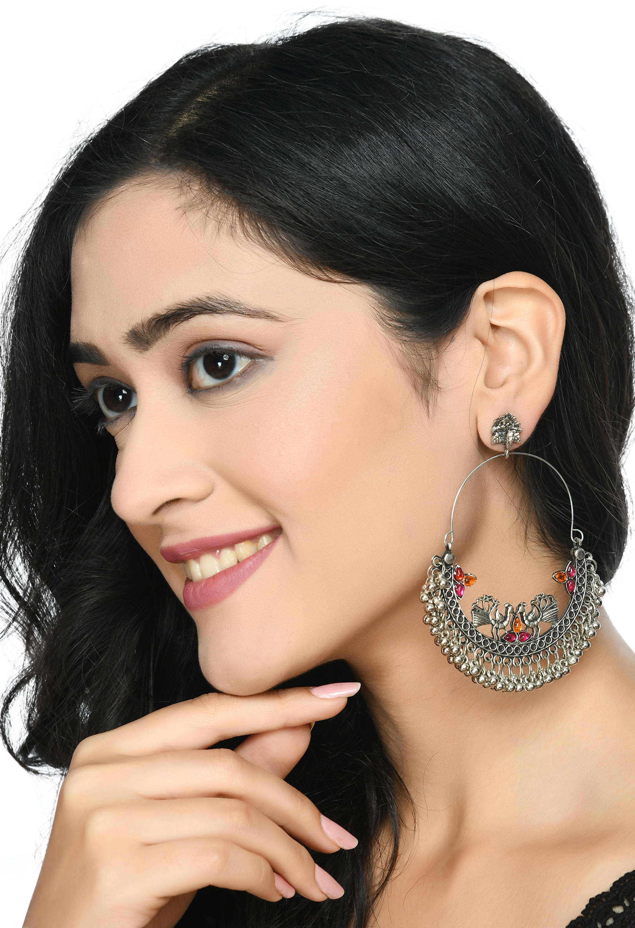 Peacock Design Chandbali Earrings in Silver Pink and Orange
