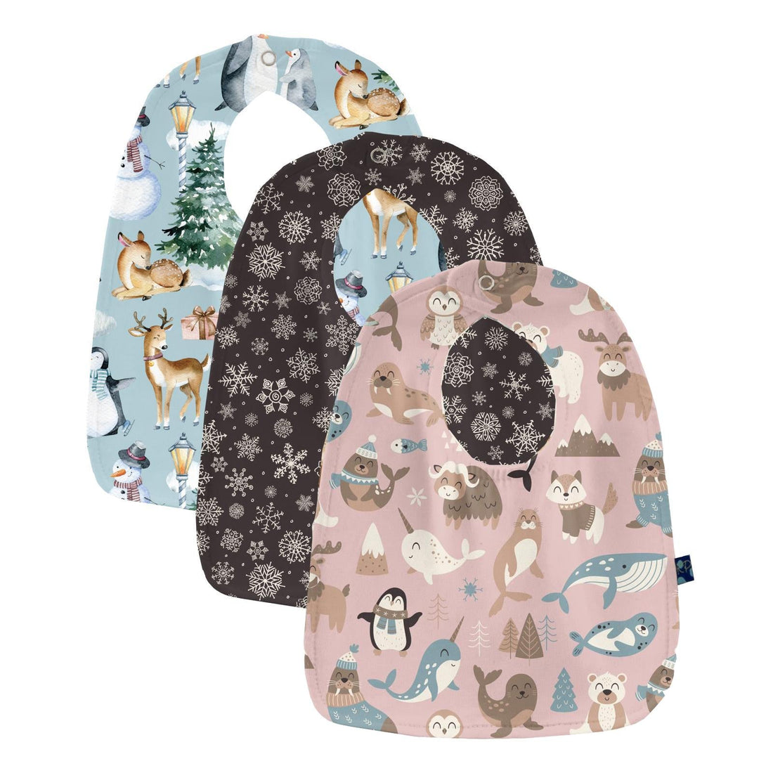 Print Bib Set of 3 in Baby Rose Arctic Animals, Chalkboard Snowflakes & Spring Sky Winter Woodland