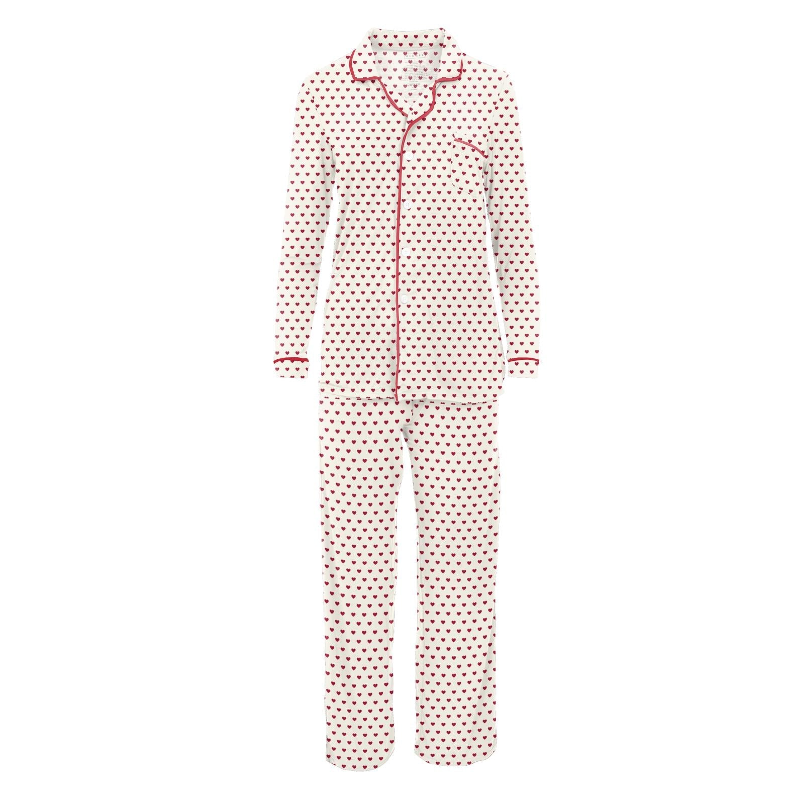 Women's Long Sleeve Collared Pajama Set in Natural Hearts - Image 2