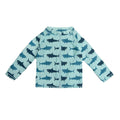 Zip-front long sleeve swim cover-up with a blue shark print on a pale aqua background.