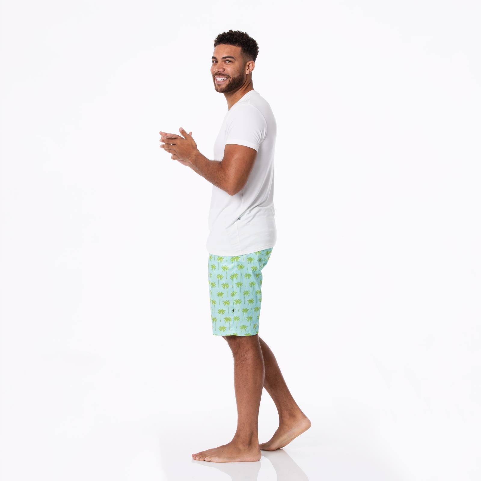 Men's Hybrid Swim Shorts in Sky Blue and Green Palm Print