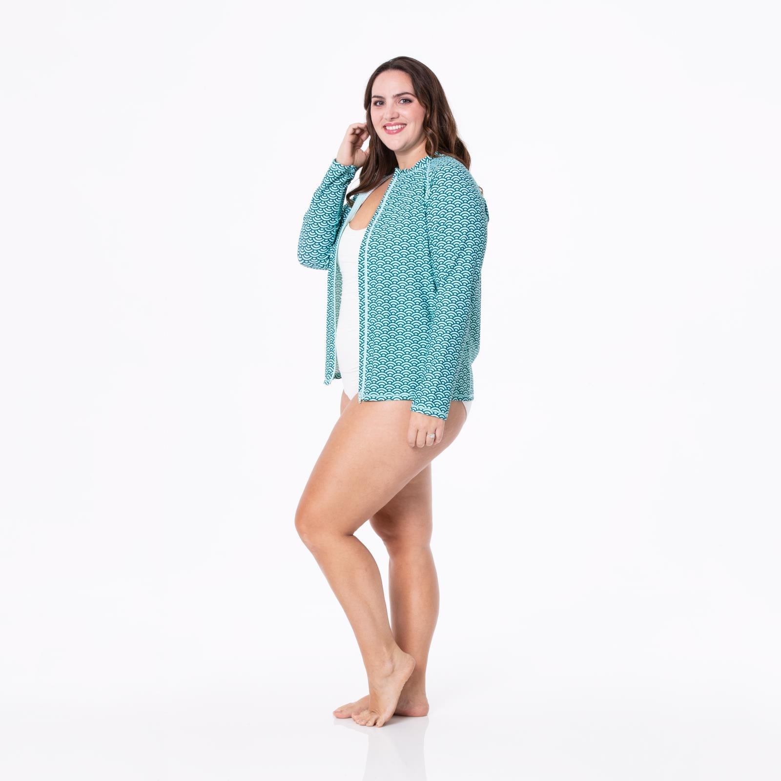 Women's Long Sleeve Swim and Sun Cover Up in Summer Sky Waves