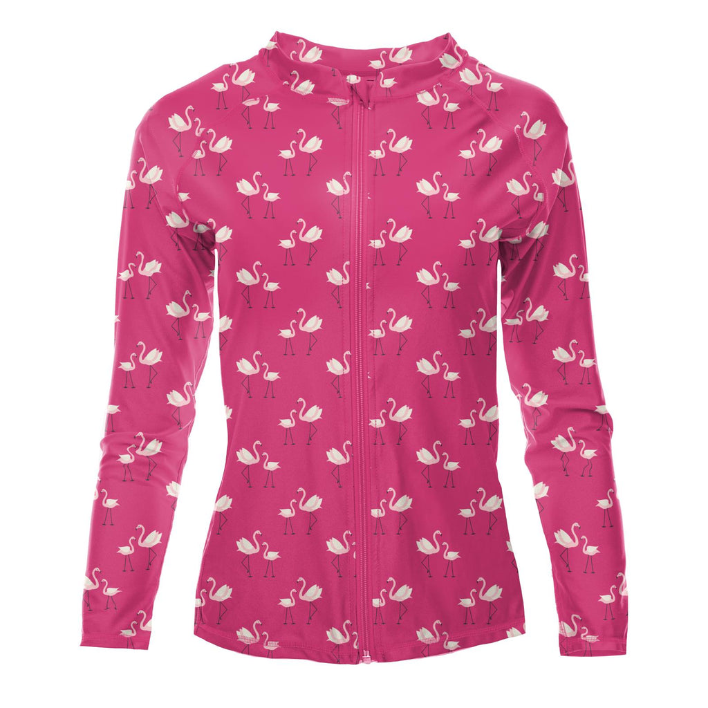 Women's Long Sleeve Zip-Up Swim Sun Cover Up in Calypso Flamingos