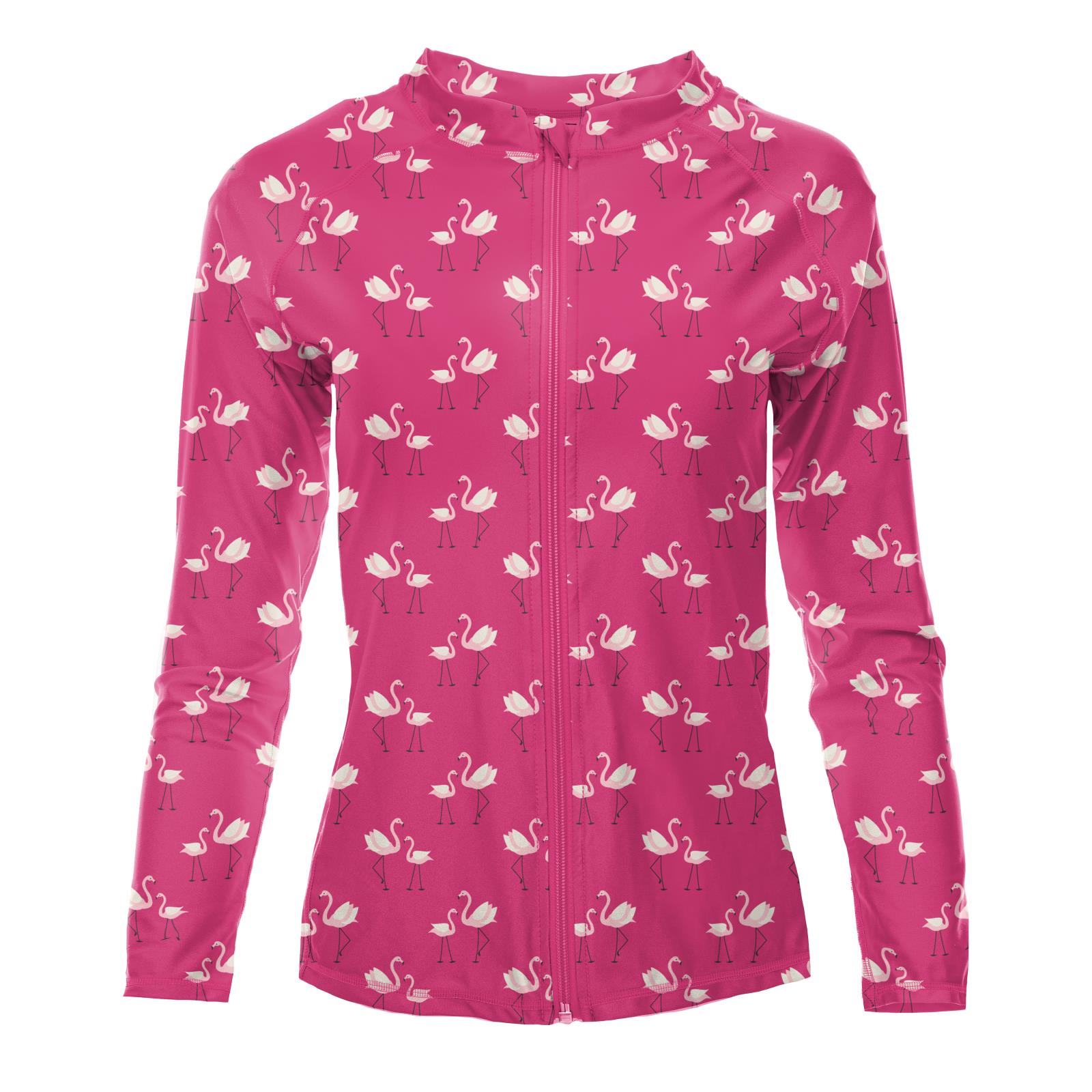Women's Long Sleeve Zip-Up Swim Sun Cover Up in Calypso Flamingos