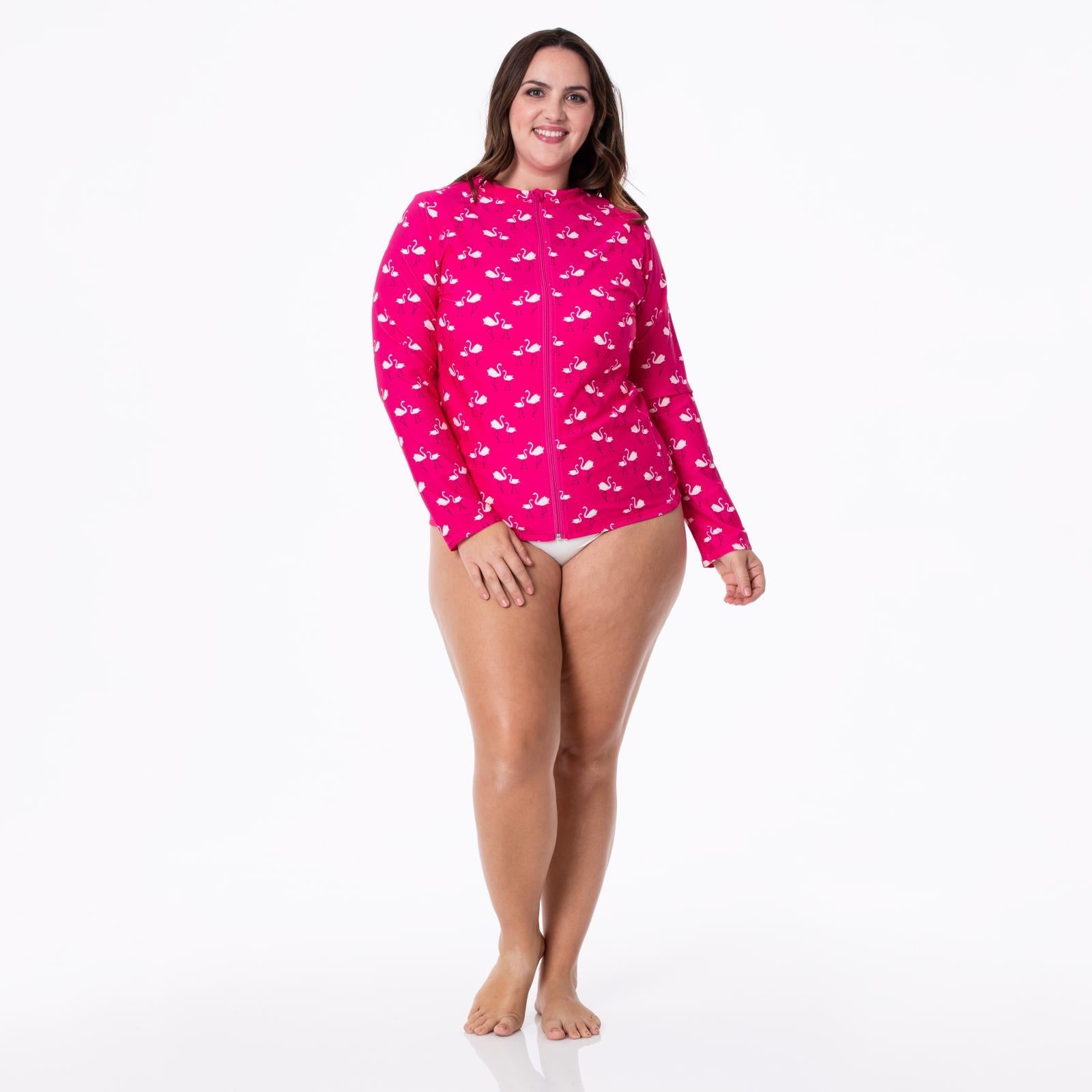 Women's long-sleeve swim cover-up in berry-pink Calypso Flamingos print with front zipper