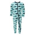 Kid's swim coverall in Summer Sky Megalodon shark print with navy zip trim
