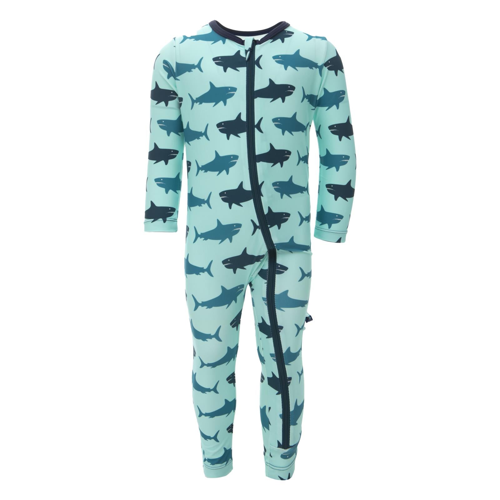 Kid's swim coverall in Summer Sky Megalodon shark print with navy zip trim