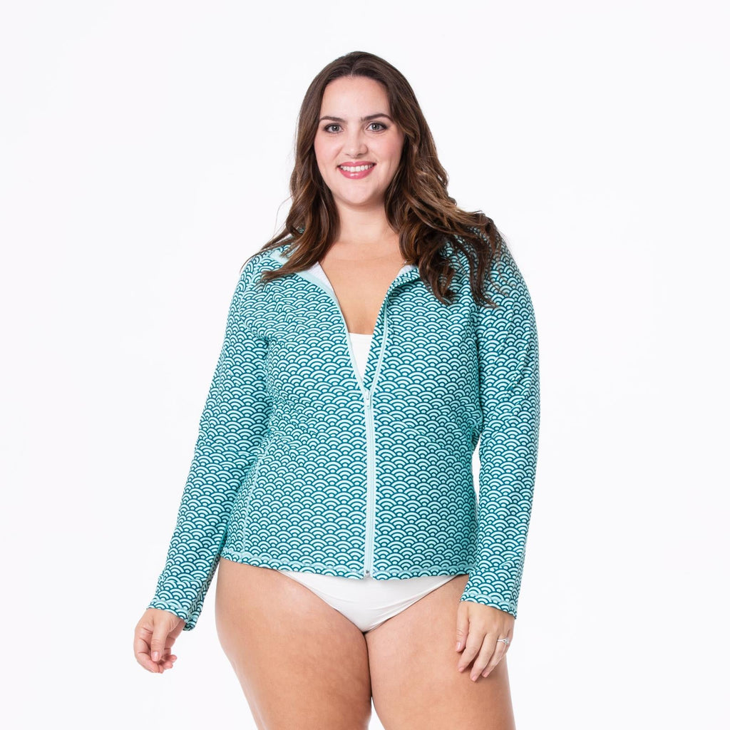 Women's long sleeve swim cover-up in Summer Sky Waves teal scallop print on white background