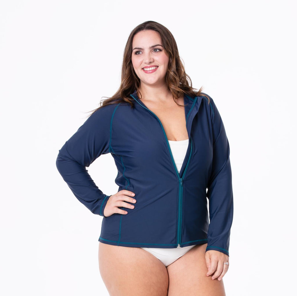 Women's Long Sleeve Swim Cover Up in Peacock Navy Blue