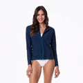 Women's long sleeve navy blue swim cover up with peacock-teal stitching detail and zipper pull.