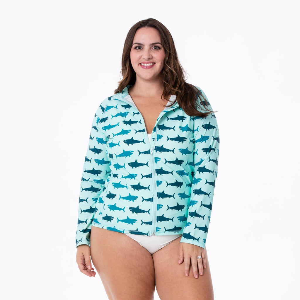 Women's long sleeve swim cover-up in Summer Sky Megalodon shark print on aqua background