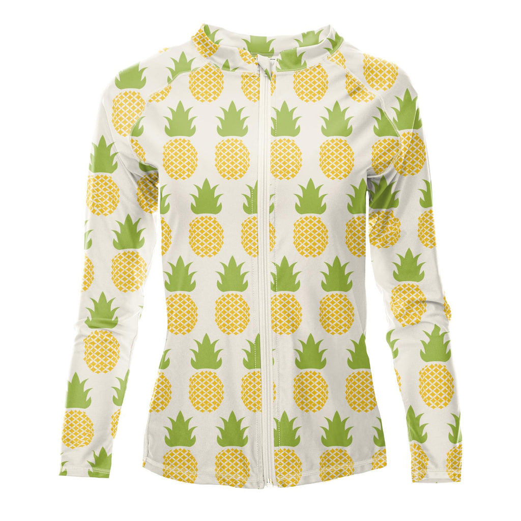 Women's Long Sleeve Zip-Up Swim Cover Up in Natural Pineapple
