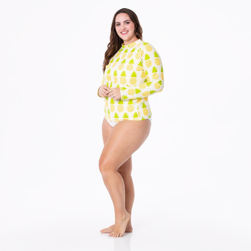 Women's Long Sleeve Zip-Up Swim Cover Up in Natural Pineapple