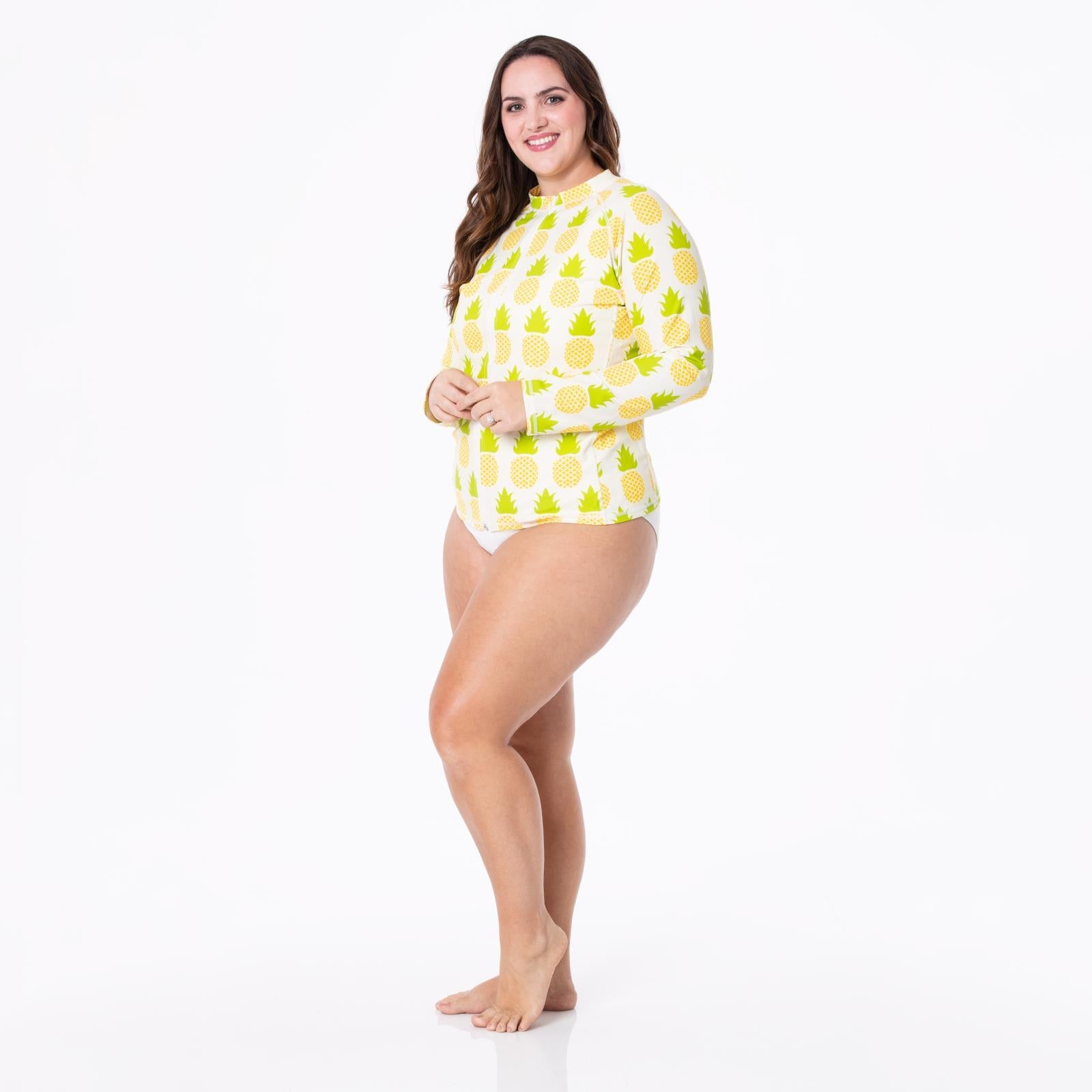 Women's Long Sleeve Zip-Up Swim Cover Up in Natural Pineapple