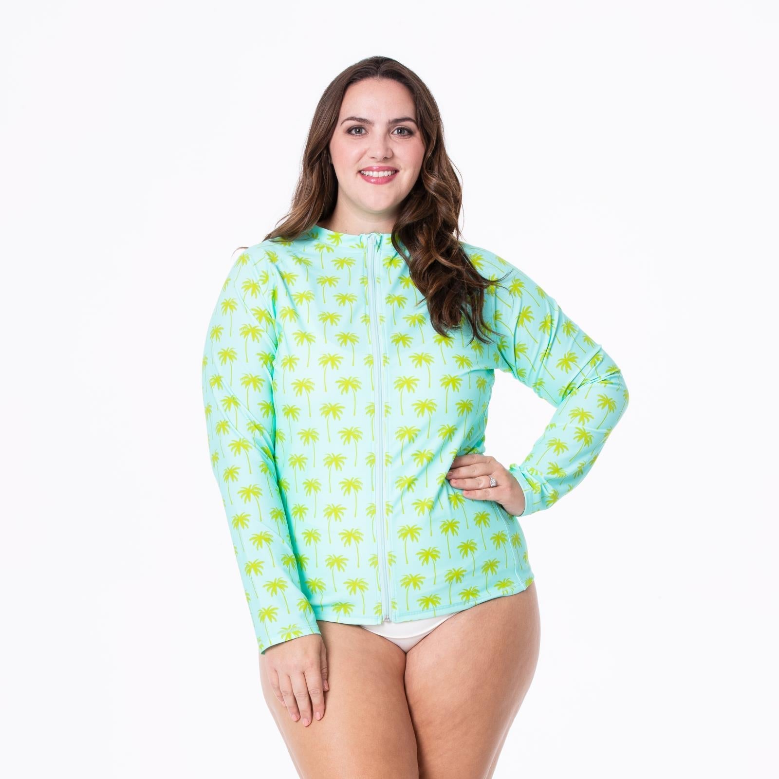 Print Long Sleeve Swim and Sun Cover Up in Summer Sky Palm Trees