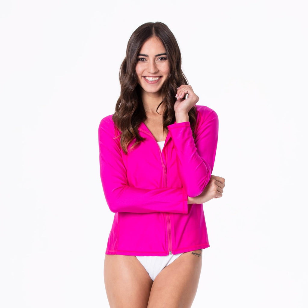 Long sleeve minimalist swim cover-up in vibrant Calypso magenta